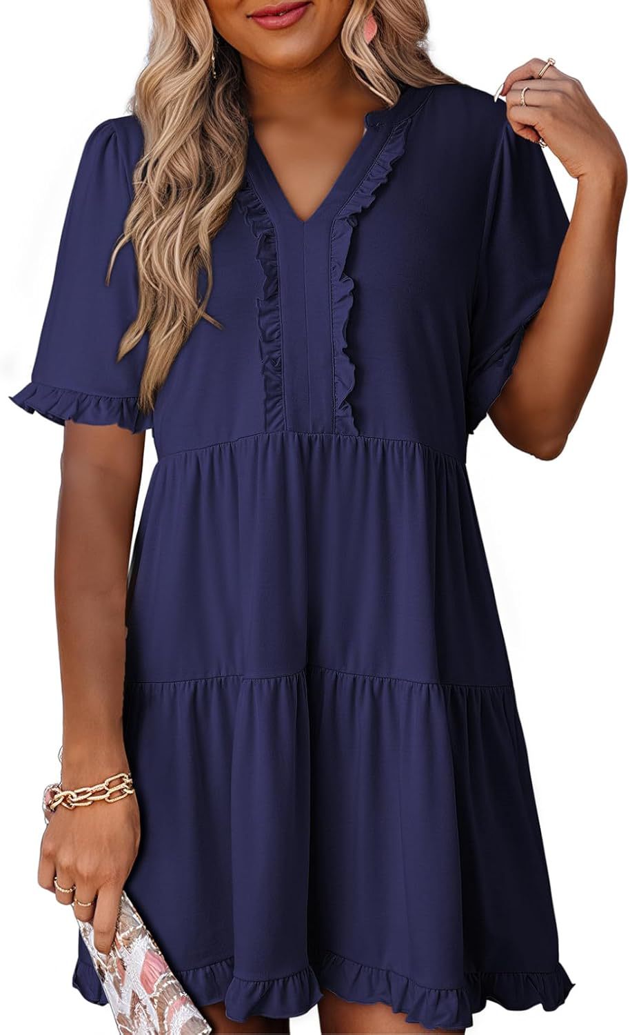 🔥🔥2026 Summer Hot Sale 49% OFF🌈Women's V Neck Ruffle Casual A-Line Flowy Swing Shift Dress
