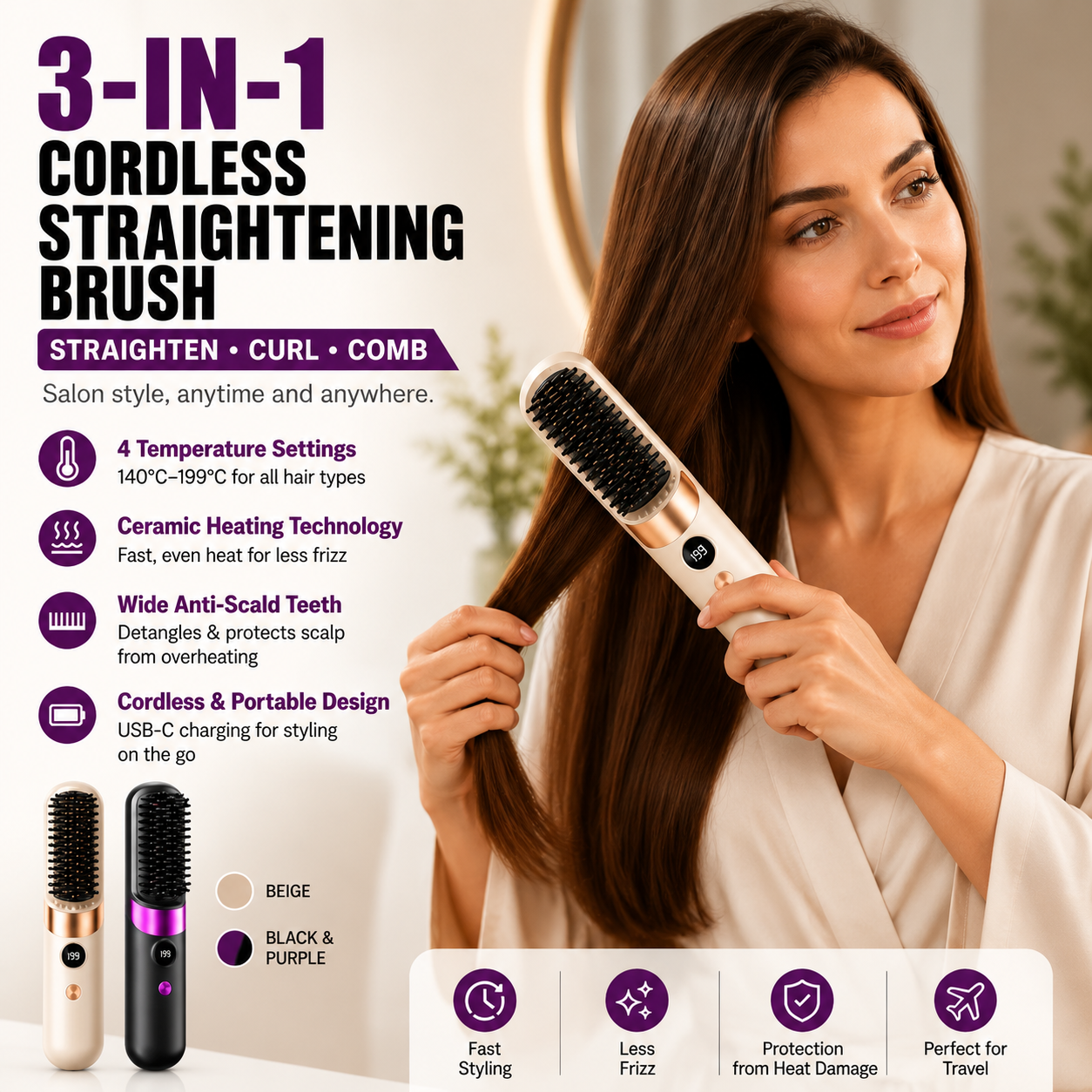💇‍♀️🔥 3-in-1 Cordless Hair Straightening Brush – Straighten, Curl & Detangle – USB-C Rechargeable with 4 Heat Settings – Perfect Hair Anywhere! ✨
