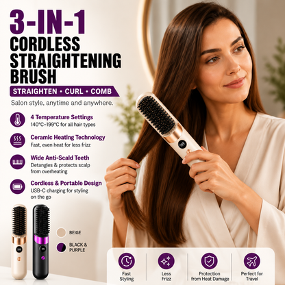 💇‍♀️🔥 3-in-1 Cordless Hair Straightening Brush – Straighten, Curl & Detangle – USB-C Rechargeable with 4 Heat Settings – Perfect Hair Anywhere! ✨