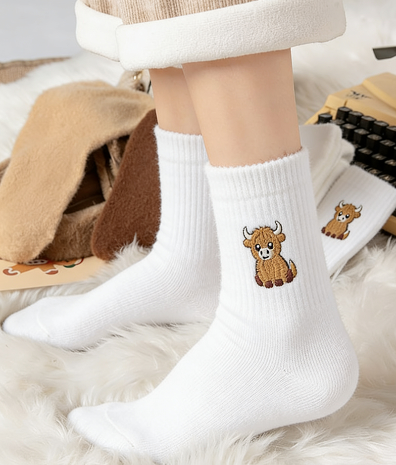 ⏳LAST DAY WARM WINTER SALE 50% OFF!🔥🐮5 Pairs Fuzzy Highland Cow Embroidered Plush Socks