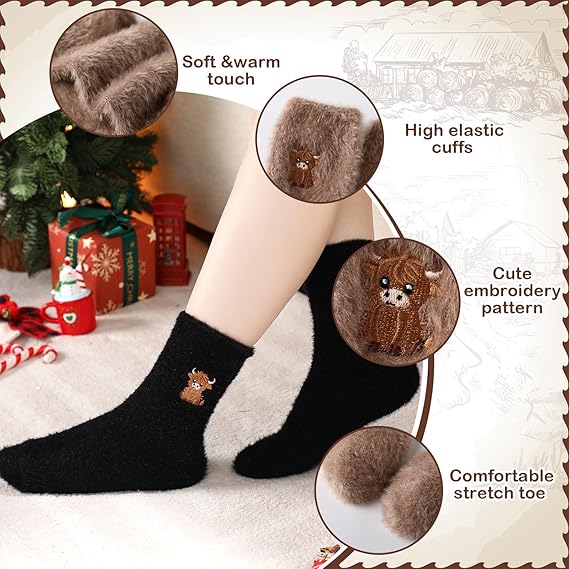 ⏳LAST DAY WARM WINTER SALE 50% OFF!🔥🐮5 Pairs Fuzzy Highland Cow Embroidered Plush Socks