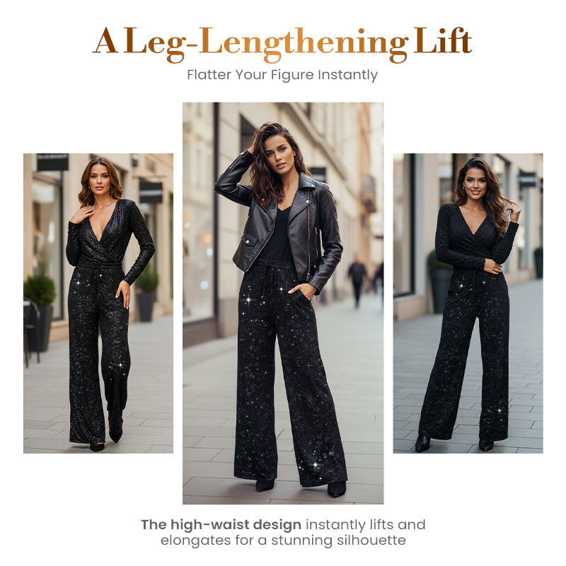 💖LAST DAY SALE 66% OFF🥰Women's Sequin Sparkle Wide Leg Pants with Elastic Waistband