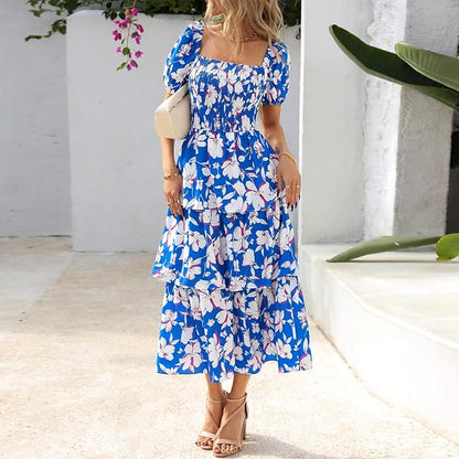 ⏰Summer Hot Sale 50% OFF💃Women's Floral Square Neck Puff Short Sleeve Smocked Tiered Dress