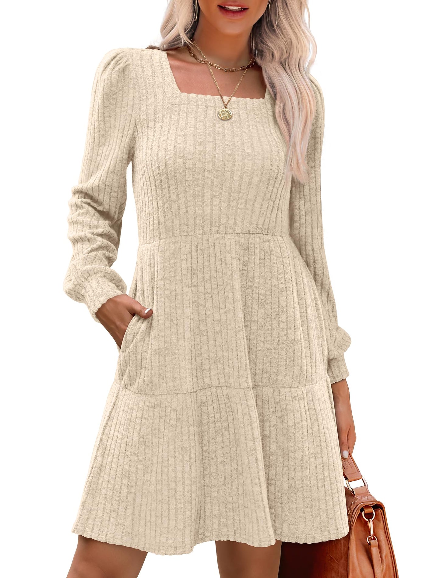 🔥👗【S-XL】2025 Autumn Women's Soft Ribbed Square Neck Dress | Lantern Sleeves for Timeless Autumnal Elegance!🍁