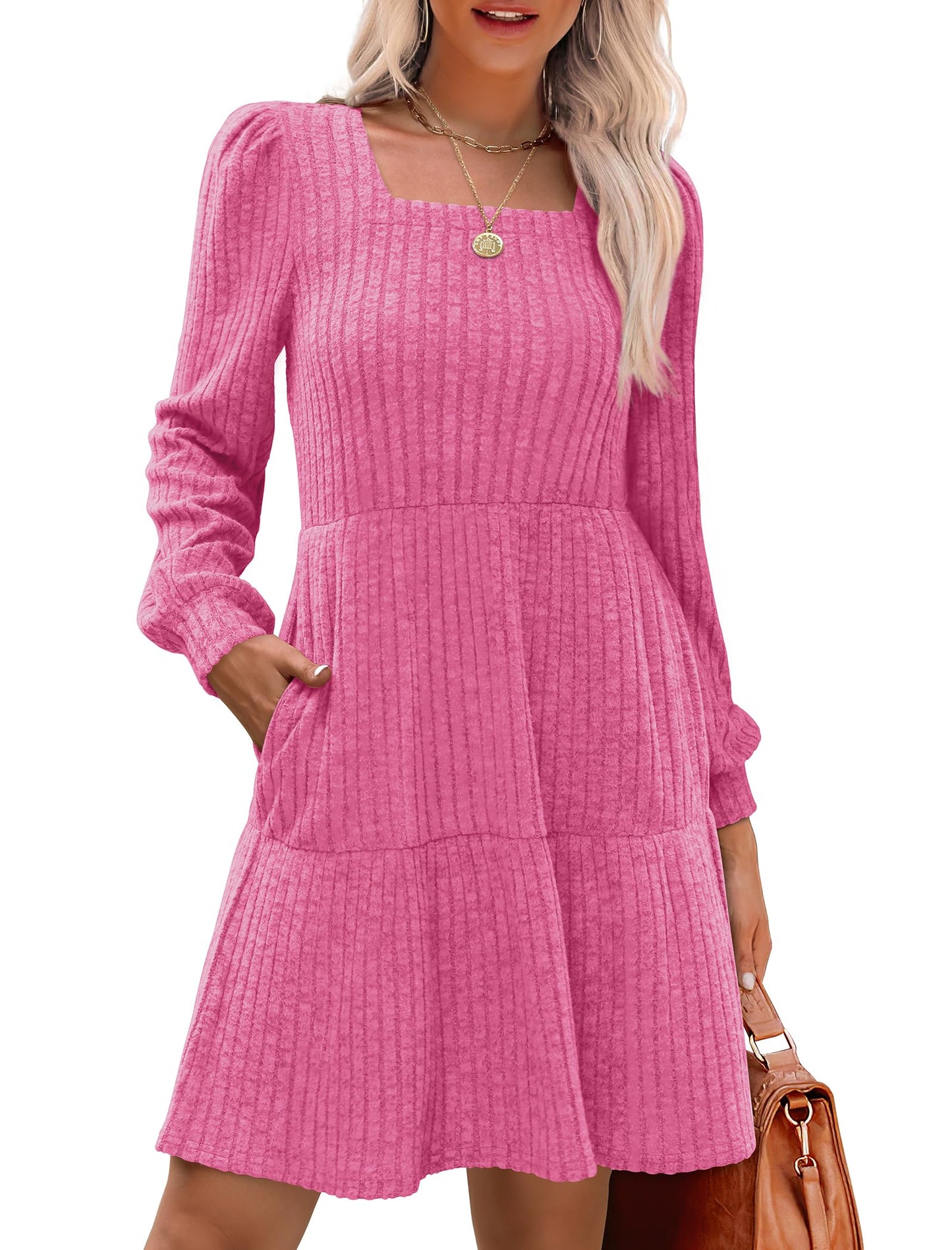 🔥👗【S-XL】2025 Autumn Women's Soft Ribbed Square Neck Dress | Lantern Sleeves for Timeless Autumnal Elegance!🍁