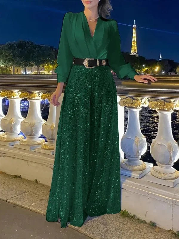 💖⚡Elegant long-sleeved blouse with V-neckline and wide sequinned jumpsuit trousers