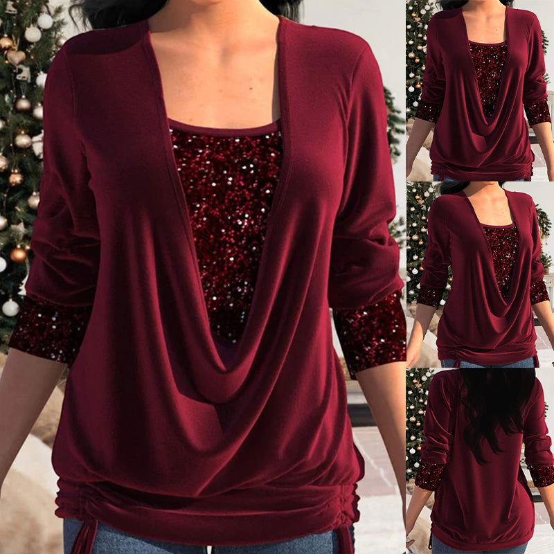 💖LAST DAY PROMOTION - 50%OFF💖 Sequin Loose Smocked Fake Two-Piece Top