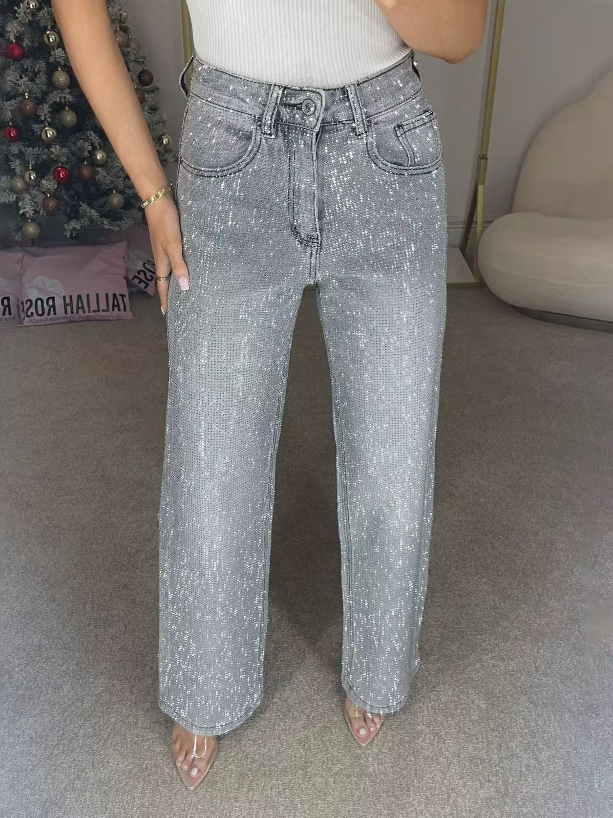 🔥Straight leg jeans with rhinestones✨Become the shining protagonist！✨