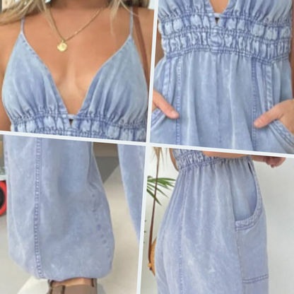 💖LAST DAY PROMOTION - 50%OFF💖Women's Deep V-Neck Denim Jumpsuit