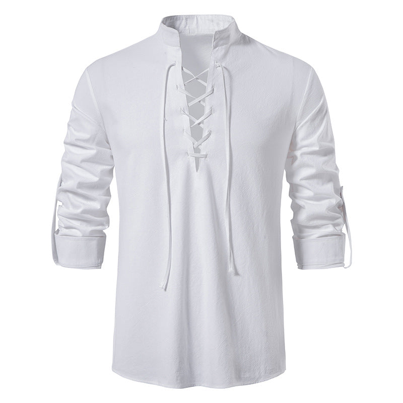 🌞 Stay Cool & Stylish With Men's Cotton-Linen Henley Shirt With High Collar And Long Sleeves🌿