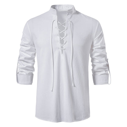 🌞 Stay Cool & Stylish With Men's Cotton-Linen Henley Shirt With High Collar And Long Sleeves🌿