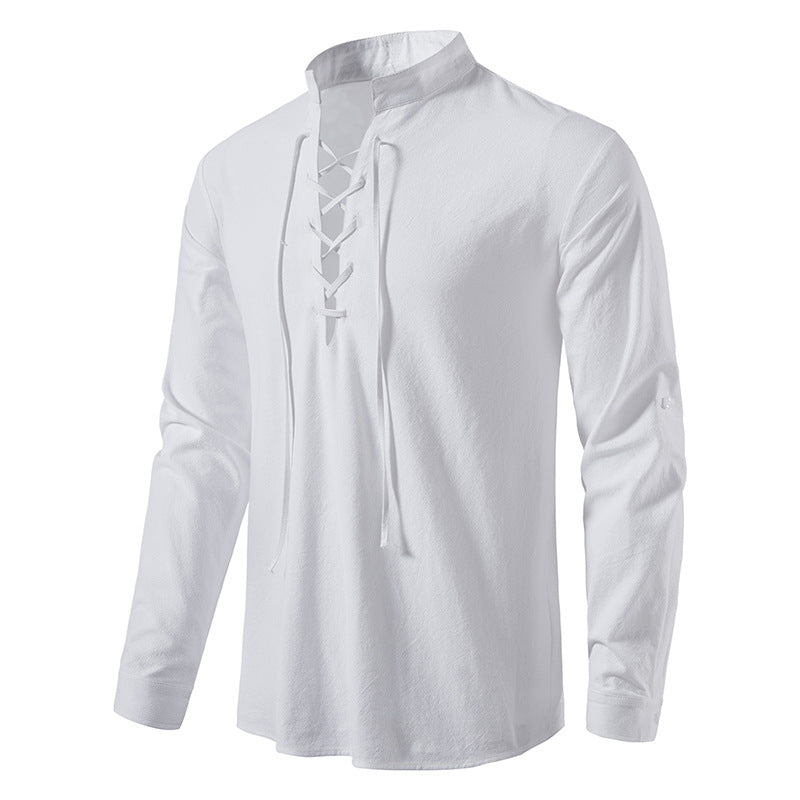 🌞 Stay Cool & Stylish With Men's Cotton-Linen Henley Shirt With High Collar And Long Sleeves🌿