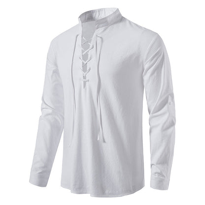 🌞 Stay Cool & Stylish With Men's Cotton-Linen Henley Shirt With High Collar And Long Sleeves🌿