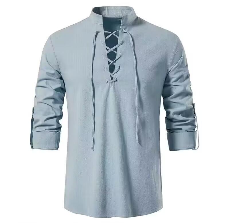 🌞 Stay Cool & Stylish With Men's Cotton-Linen Henley Shirt With High Collar And Long Sleeves🌿