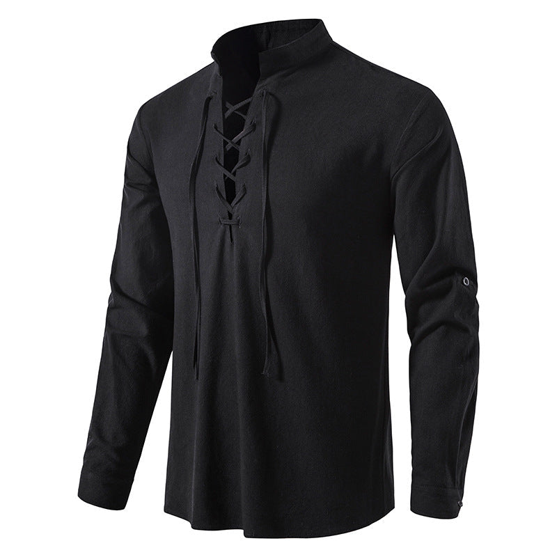 🌞 Stay Cool & Stylish With Men's Cotton-Linen Henley Shirt With High Collar And Long Sleeves🌿