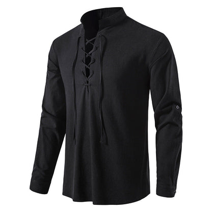 🌞 Stay Cool & Stylish With Men's Cotton-Linen Henley Shirt With High Collar And Long Sleeves🌿