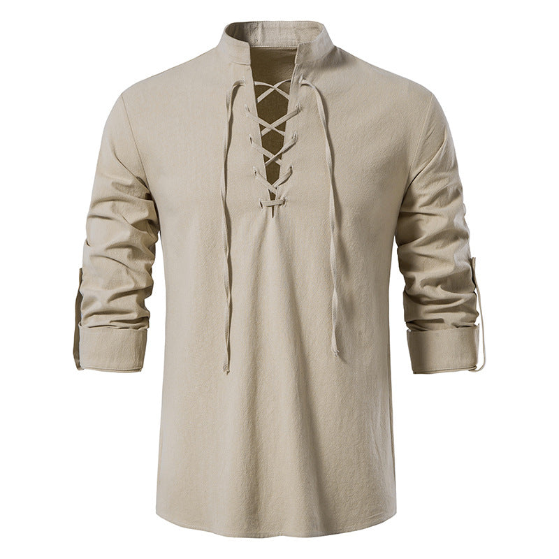 🌞 Stay Cool & Stylish With Men's Cotton-Linen Henley Shirt With High Collar And Long Sleeves🌿
