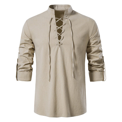 🌞 Stay Cool & Stylish With Men's Cotton-Linen Henley Shirt With High Collar And Long Sleeves🌿