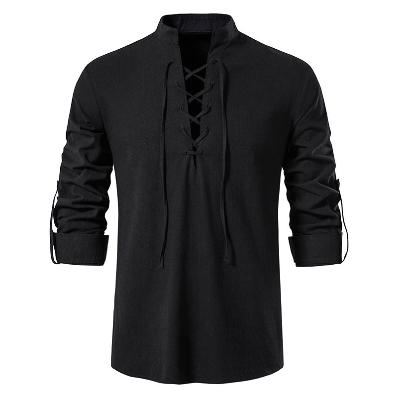 🌞 Stay Cool & Stylish With Men's Cotton-Linen Henley Shirt With High Collar And Long Sleeves🌿