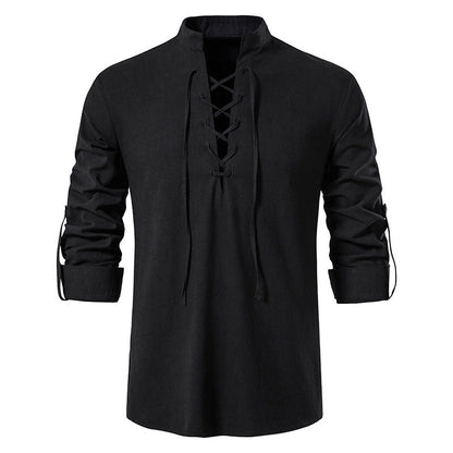 🌞 Stay Cool & Stylish With Men's Cotton-Linen Henley Shirt With High Collar And Long Sleeves🌿