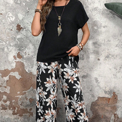 🏆HOT SALE 50% OFF🔥Women's Casual Floral Print Wide Leg Trousers and Short Sleeve Top Set