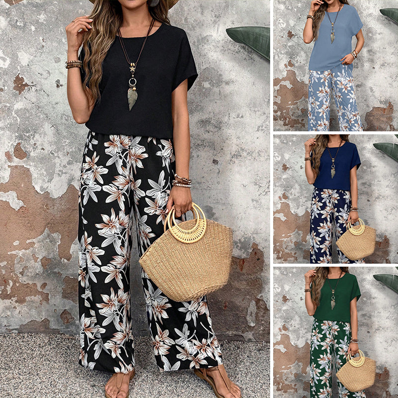 🏆HOT SALE 50% OFF🔥Women's Casual Floral Print Wide Leg Trousers and Short Sleeve Top Set