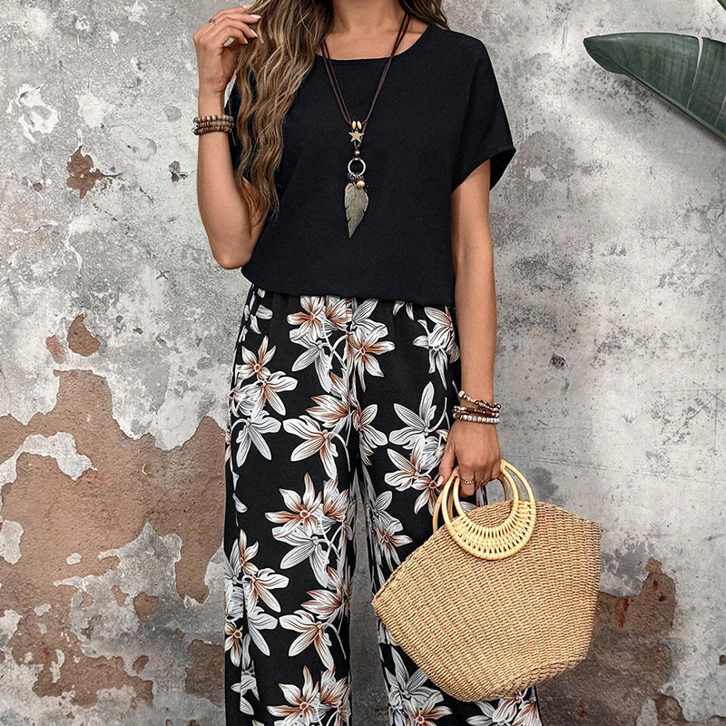 🏆HOT SALE 50% OFF🔥Women's Casual Floral Print Wide Leg Trousers and Short Sleeve Top Set