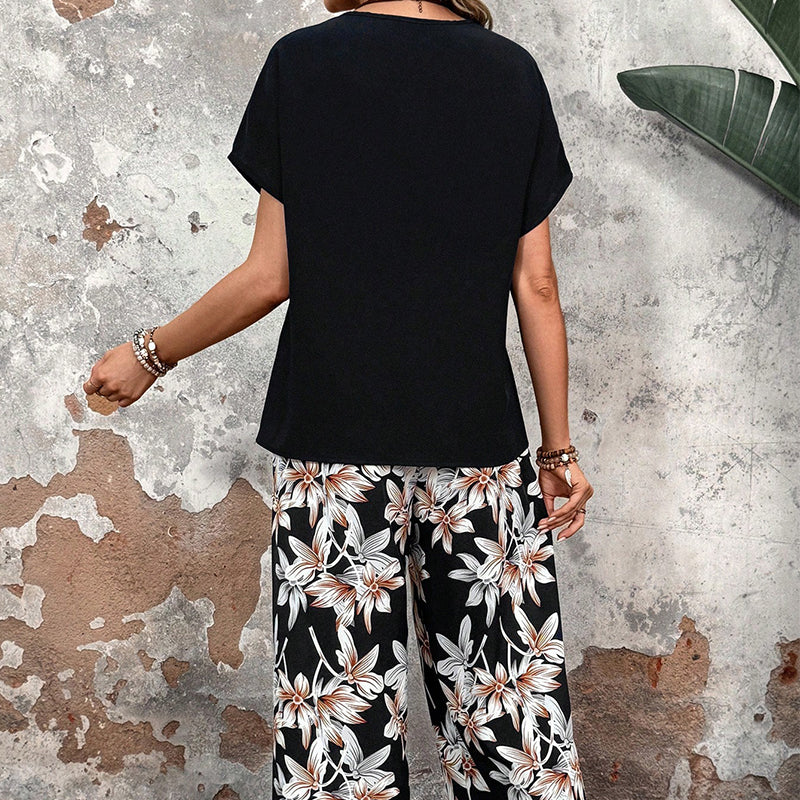 🏆HOT SALE 50% OFF🔥Women's Casual Floral Print Wide Leg Trousers and Short Sleeve Top Set