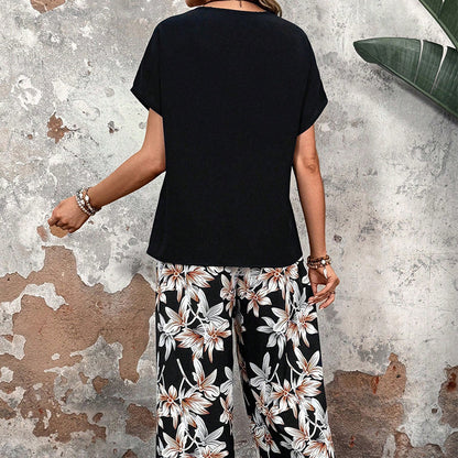 🏆HOT SALE 50% OFF🔥Women's Casual Floral Print Wide Leg Trousers and Short Sleeve Top Set
