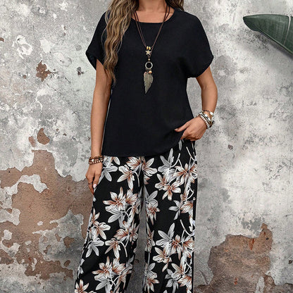 🏆HOT SALE 50% OFF🔥Women's Casual Floral Print Wide Leg Trousers and Short Sleeve Top Set