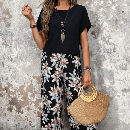 🏆HOT SALE 50% OFF🔥Women's Casual Floral Print Wide Leg Trousers and Short Sleeve Top Set