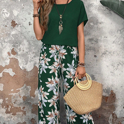 🏆HOT SALE 50% OFF🔥Women's Casual Floral Print Wide Leg Trousers and Short Sleeve Top Set