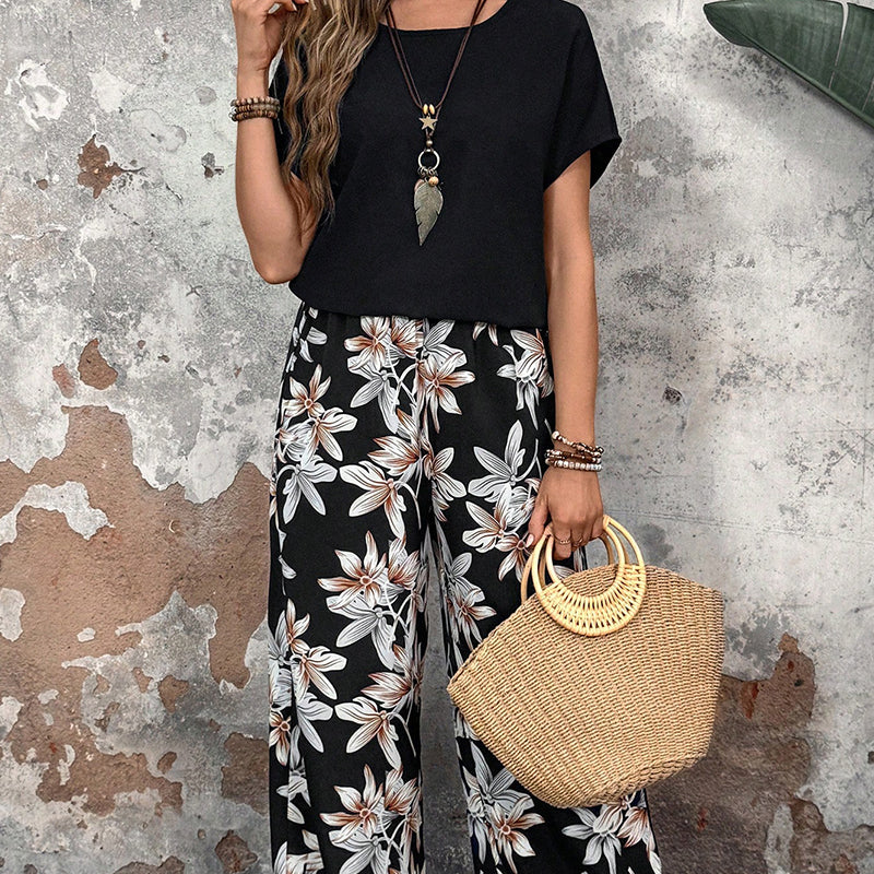 🏆HOT SALE 50% OFF🔥Women's Casual Floral Print Wide Leg Trousers and Short Sleeve Top Set