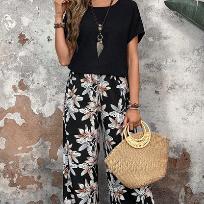 🏆HOT SALE 50% OFF🔥Women's Casual Floral Print Wide Leg Trousers and Short Sleeve Top Set