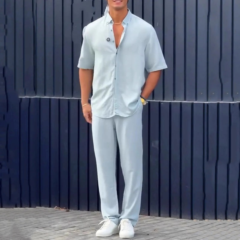 ✨Hot Sale 50% OFF✨Men’s Solid Lapel Short-Sleeve Tops ＆ Pants 2-Piece Set👔