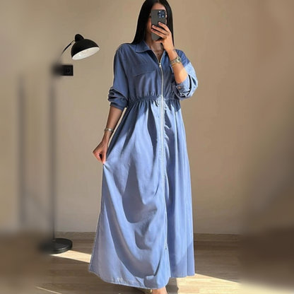 🔥Best Seller🔥Long-Sleeve Zip-Up Dress with Waist Cinching