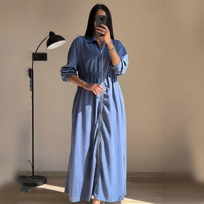 🔥Best Seller🔥Long-Sleeve Zip-Up Dress with Waist Cinching