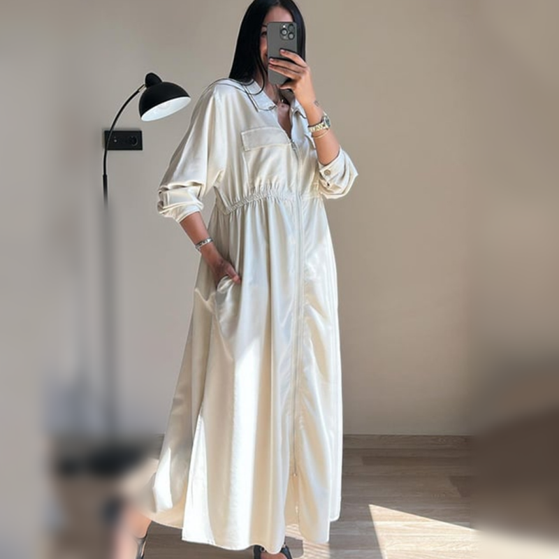 🔥Best Seller🔥Long-Sleeve Zip-Up Dress with Waist Cinching