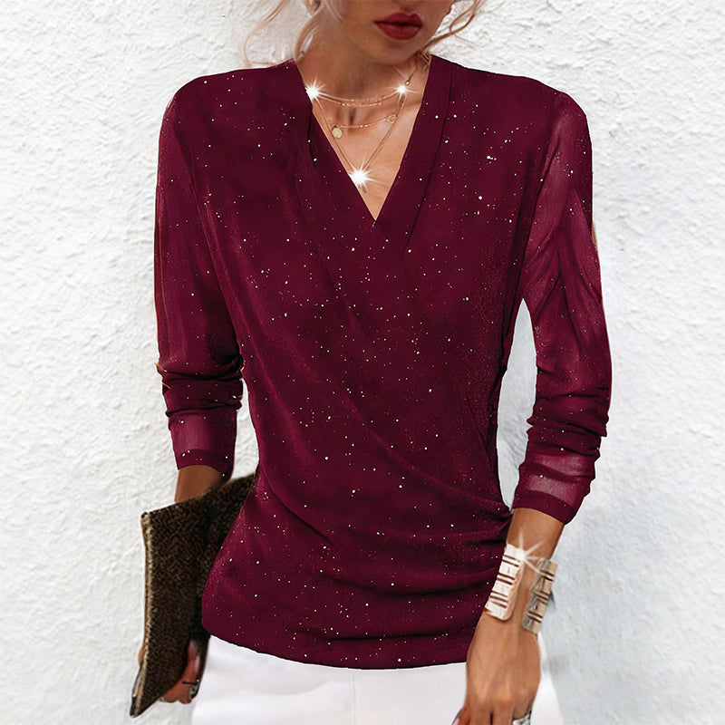 ✨ 50% OFF! 💫 SPARKLE CROSSOVER TOP - V-Neck with Glitter Accents, Flowy Long Sleeves for Parties and Evening Events, Comfortable Stretch Fabric 🌟👚