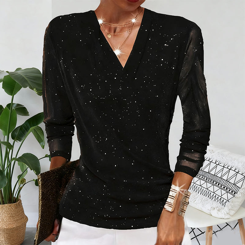 ✨ 50% OFF! 💫 SPARKLE CROSSOVER TOP - V-Neck with Glitter Accents, Flowy Long Sleeves for Parties and Evening Events, Comfortable Stretch Fabric 🌟👚