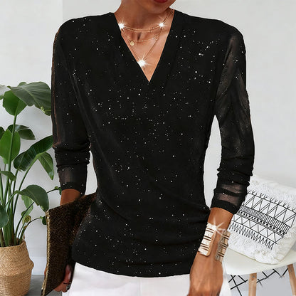 ✨ 50% OFF! 💫 SPARKLE CROSSOVER TOP - V-Neck with Glitter Accents, Flowy Long Sleeves for Parties and Evening Events, Comfortable Stretch Fabric 🌟👚