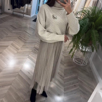 🌟 WOMEN’S ELEGANT TURTLENECK SWEATER & TULLE SKIRT 2-PIECE SET