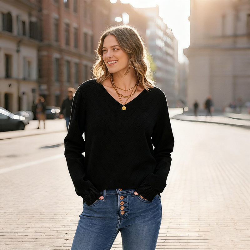 ❄️ Warm V-Neck Pointelle Knit Sweater – Black Friday Limited Offer