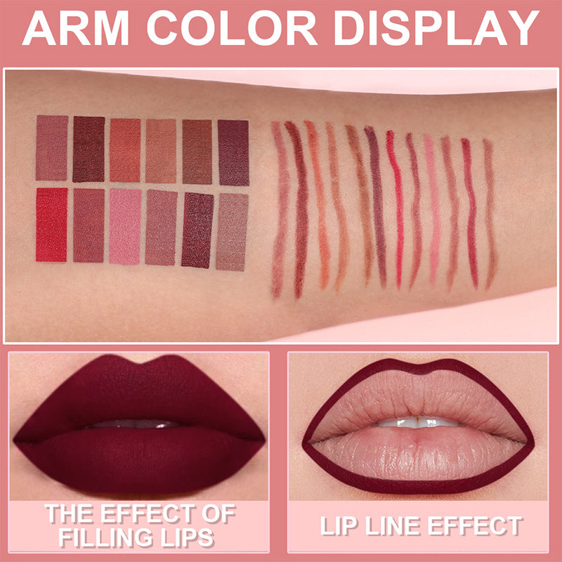 🔥Hot Sale Deals- 12-Color Matte Lipstick & Lip Liner Set (Wood-Cased)– Create Perfectly Defined Lips For Every Look ✨