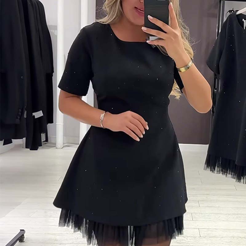 Women’s Sparkling Lace Trim Short-Sleeve Mini Dress | Elegant & Shimmering