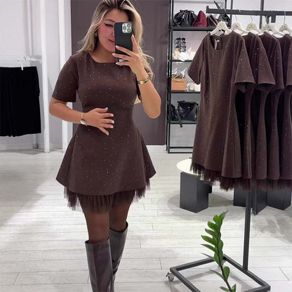 Women’s Sparkling Lace Trim Short-Sleeve Mini Dress | Elegant & Shimmering