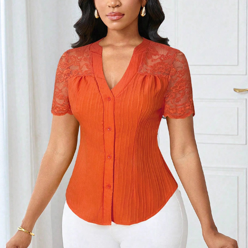 Women's V-Neck Lace Sleeve Button Down Summer Blouse🌸 Effortless Elegance, Everyday Style! 🌸