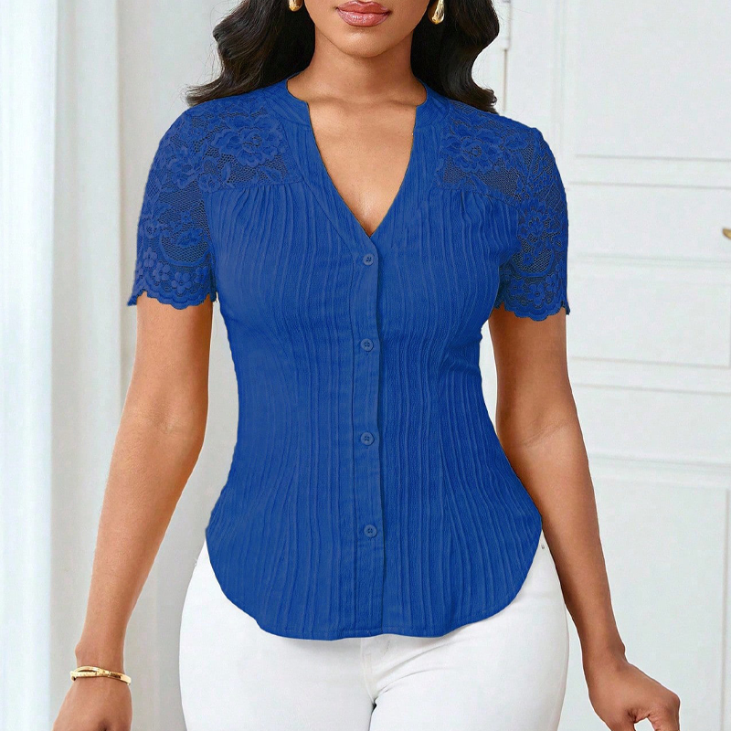 Women's V-Neck Lace Sleeve Button Down Summer Blouse🌸 Effortless Elegance, Everyday Style! 🌸