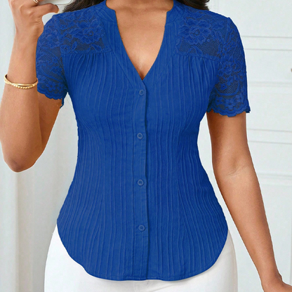 Women's V-Neck Lace Sleeve Button Down Summer Blouse🌸 Effortless Elegance, Everyday Style! 🌸