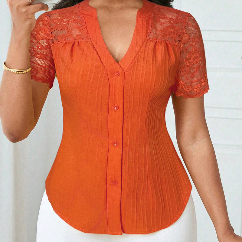 Women's V-Neck Lace Sleeve Button Down Summer Blouse🌸 Effortless Elegance, Everyday Style! 🌸